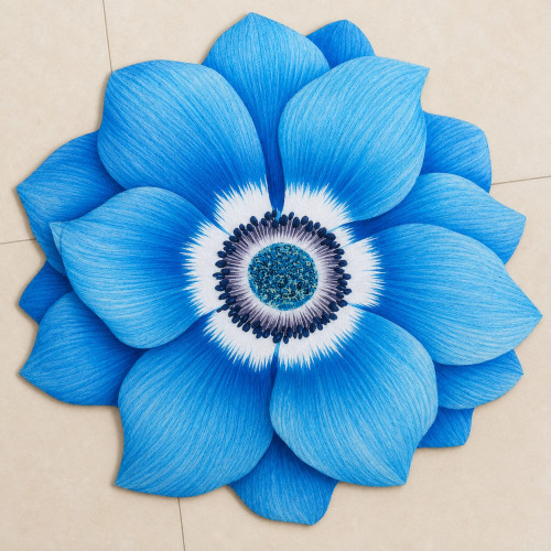 3d Elegant Blue Flower Floor Mat