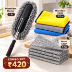 Combo of micro fiber duster 1 cloth 3 pcs & ss sheets 5 pcs Combo of micro fiber duster 1 cloth 3 pcs & ss sheets 5 pcs