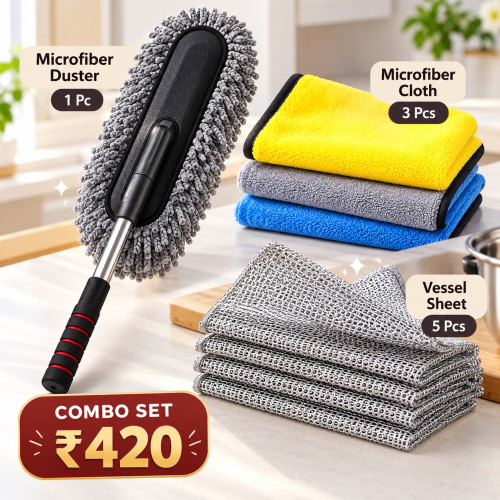 Combo of micro fiber duster 1 cloth 3 pcs & ss sheets 5 pcs