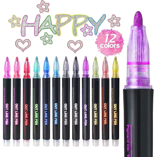 Set – 12 Metallic Self-Double outLine Glitter Pens