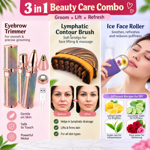 3-in-1 Beauty Care Combo – Eyebrow Trimmer, Lymphatic Contour Brush & Ice Face Roller