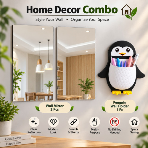Home Decor Combo – Rectangular Wall Mirror 2 Pcs + Penguin Wall