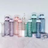 Set of 3 Transparent Water Bottle 2000ML, 900ML, 300ML with Motivational Time Marker |Leak Proof