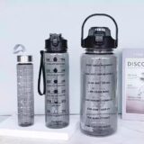 Set of 3 Transparent Water Bottle 2000ML, 900ML, 300ML with Motivational Time Marker |Leak Proof